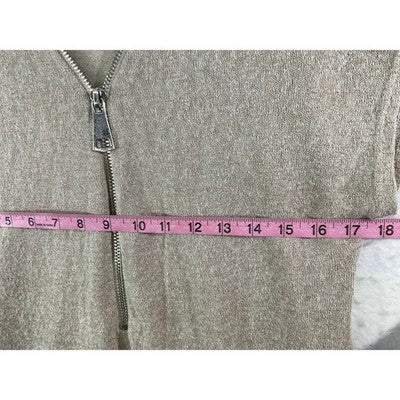 Joan Vass Studio Knit Top Womens Medium Taupe Half Zip Short Sleeve High Low Hem