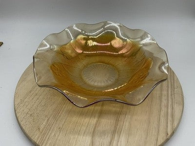 Vintage Amber Carnival Glass Serving Bowl Floral Ruffle Edge Gold Iridescent MCM