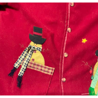 Vintage XL Red Button-Up Holiday Cardigan Jacket/Sweater with Snowman Applique