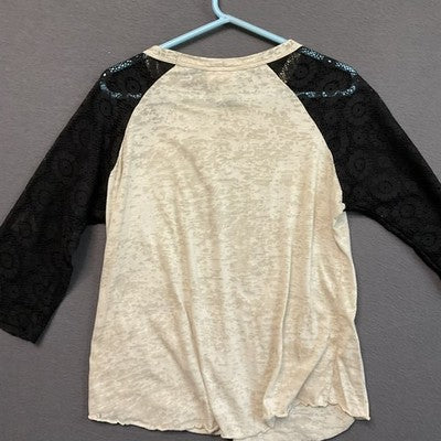 L&B Life Shirt Womens Medium Beige Black Lace Cross Embellished Raglan Top
