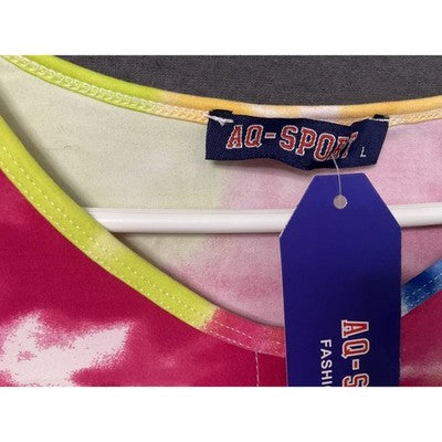 AQ Sport Shirt Shorts Set Womens Large Tie Dye Rainbow Crop Top Lounge Two Piece