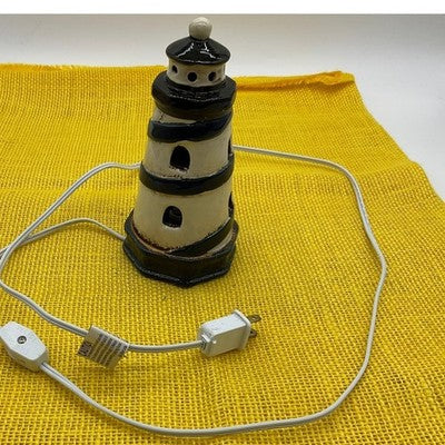 Lighthouse Accent Lamp Cream Navy Blue Nautical Night Light Decor
