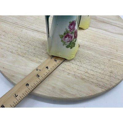 Vintage Art Nouveau Porcelain Vases Pair Handled Floral Roses Germany 8 Inch