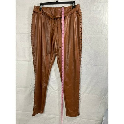 ChicMe Faux Leather Pants Women XL Cognac Brown Studded Tie Waist Trousers
