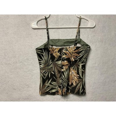 Be Smart Tank Top Womens Small Black Green Brown Leaf Print Strap Lined USA Y2K