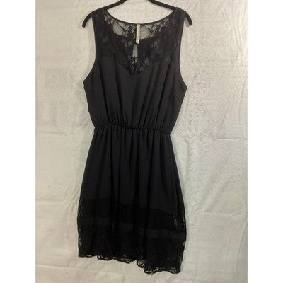 VTG Paper Crane Dress Womens Large Black Lace Trim Sleeveless Mini USA Cocktail