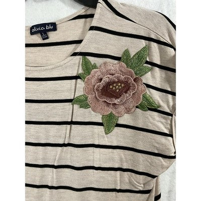 Olivia Blu Shirt Womens Large Beige Stripe Floral Embroidered Side Tie Hem