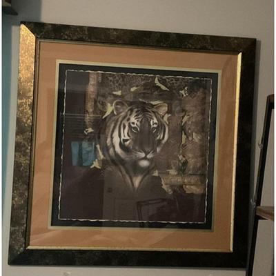Home Interiors Tiger Portrait Framed Art Print Matted 37x36 USA VTG Animal Print