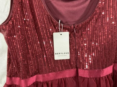 BERYLOVE Dress Womens 3XL Red Sequin Tulle Scoop Neck Maxi Formal Gown Wedding