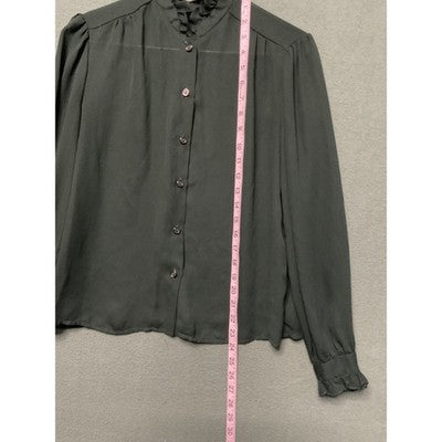 Vintage Sheer Black Long Sleeve Button Front Ruffle Cuff Blouse Career S
