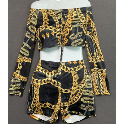 Women’s Off Shoulder Crop Top & Short Set L Black Gold Chain Link Graphic Print