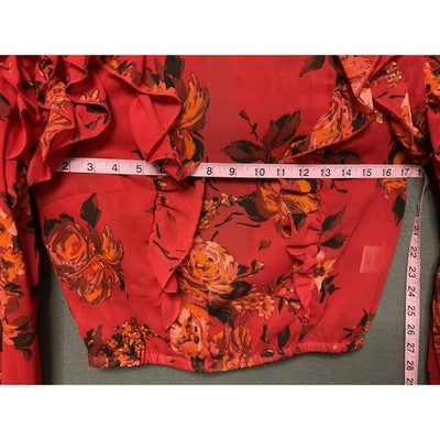 Truth NYC Blouse Womens Small Red Floral Ruffle Long Sleeve Sheer Top Boho Chic
