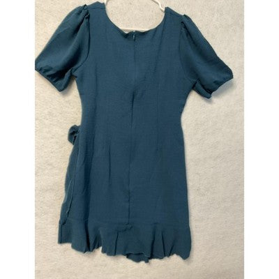 Dress Womens Medium Teal Faux Wrap Tie Ruffle Hem Puff Sleeve Square Neck Mini