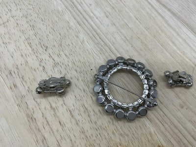 Vintage Rhinestone Brooch Clip On Earrings Set Silver Tone Round Circle Bridal