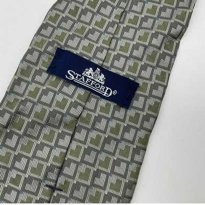Stafford Necktie Mens Olive Green Grey Geometric Silk Classic Formal Accessory