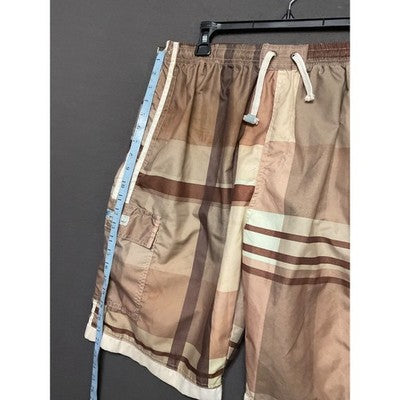Banana Split XL Swim Shorts Brown Plaid Cargo Elastic Waist Mesh Lining