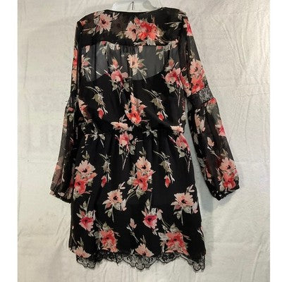 White House Black Market Floral Mini Dress Women 4 Black Lace Trim Chiffon Boho