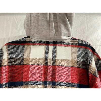 Exclusive Plaid Hooded Shirt Women Large Red White New Checkered Button Up Hoody