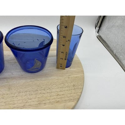 VTG Hazel Atlas Cobalt 2 Ice Buckets, 1 Glass Tumbler Etched Nautical Barware