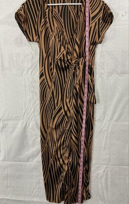 Joie De Vivre Dress Womens Large Brown Stripe Wrap Short Sleeve Tie Waist Midi