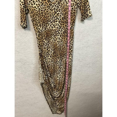 Drama Gold Dress Womens Small Leopard Print Ruched Midi Made USA Stretch