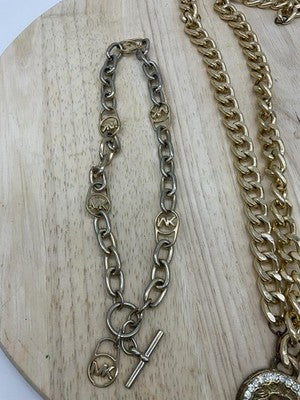 Lot 2 Womens Gold Tone Necklace Bracelet Lion MK Logo Rhinestone Mixed Brands