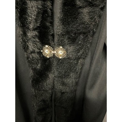 Vintage Hosanna Design Black Long Coat L Faux Fur Collar Jeweled Button USA Made