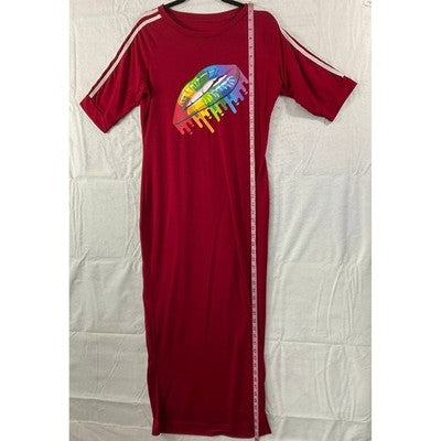 Graphic Maxi Dress Women XL Red Rainbow Lips Graphic Sporty Stripe T-Shirt