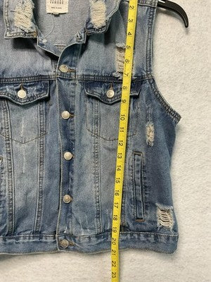Almost Famous Vest Womens Large Blue Distressed Denim Button Front Sleeveless