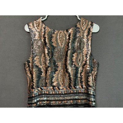 Sequin Black Gold Tribal Sm/Med Party NWOT Midi Dress Side Zip Sleeveless
