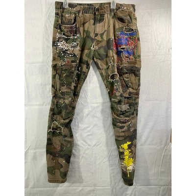 Smoke Rise Cargo Pants Mens 36/34 Camo Distressed Paint Splatter Streetwear SR91