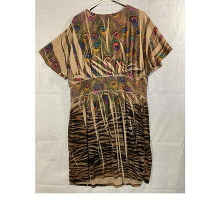 VTG Caren Sport Women Dress Tunic 2X Brown Peacock Feather Animal Print V-Neck