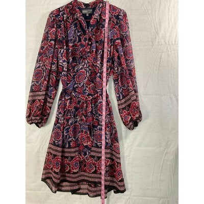Donna Ricco Floral Tie Neck Dress Womens 14 Navy Red Chiffon Long Sleeve Pockets