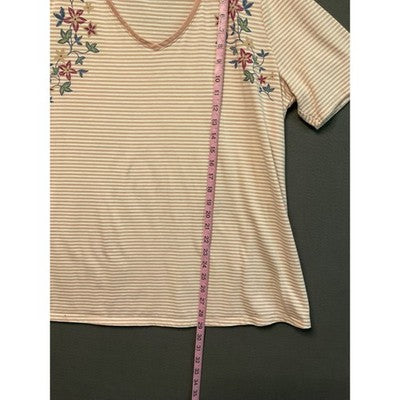 Lane Bryant Shirt Womens 18/20 Pink White Striped Embroidered Floral V Neck Top