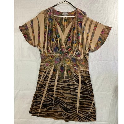 VTG Caren Sport Women Dress Tunic 2X Brown Peacock Feather Animal Print V-Neck