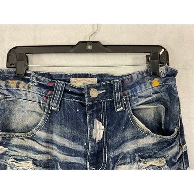 Smoke Rise Moto Jeans Men 32 Blue Distressed Paint Splatter Biker Denim Grunge