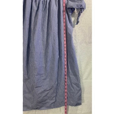 Terra & Sky Shift Dress Women 0X Blue Striped Cotton Smocked Neck Tie Sleeve