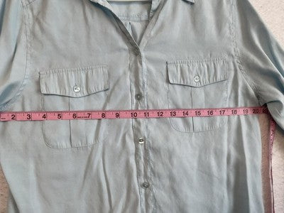 Chico's Shirt Womens 2 Blue Collared Button Front Roll Tab Sleeve Blouse Top