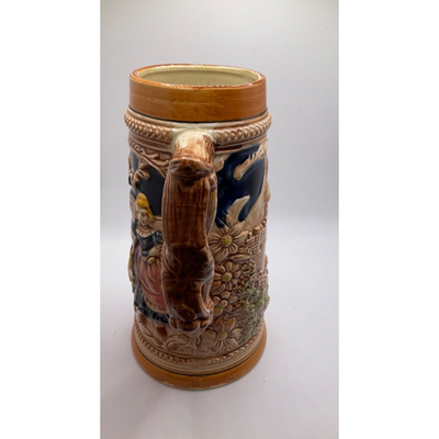Collectible  Intricate Ceramic Bavarian Beer Mug, Woman & Dog Design, 8 Inches