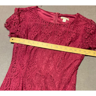 Miami Burgundy Romantic Lined Lace Dress M Scallop Sleeve Crochet Design