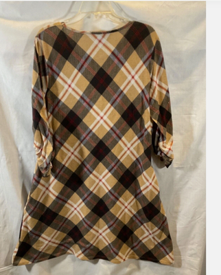 Robert Louis Dress Womens Large Tan Plaid 3/4 Sleeve Knit Shift Fall Casual