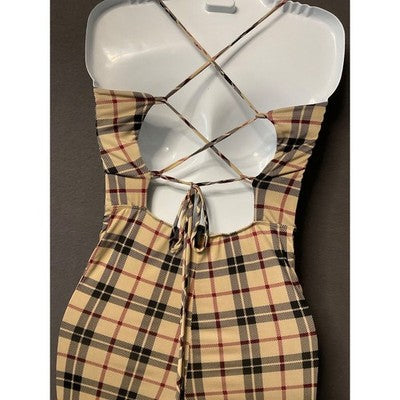 Plaid Sleeveless Jumpsuit Women's Beige & Black, S/XS, Ties in Back, Soft Fab