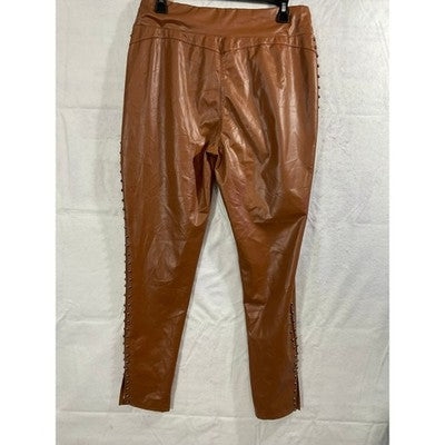 ChicMe Faux Leather Pants Women XL Cognac Brown Studded Tie Waist Trousers