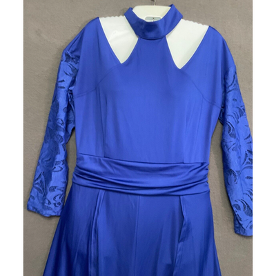 Women's Chic Blue Jumpsuit Lace Sleeve High Neck Lace Sleeves Evening Party Wear