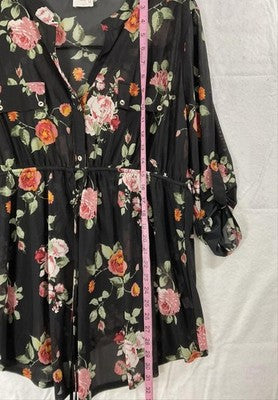 Sirenlily Dress Womens 1X Black Floral Chiffon Sheer 3/4 Roll Tab Maternity