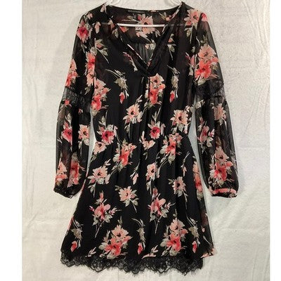 White House Black Market Floral Mini Dress Women 4 Black Lace Trim Chiffon Boho