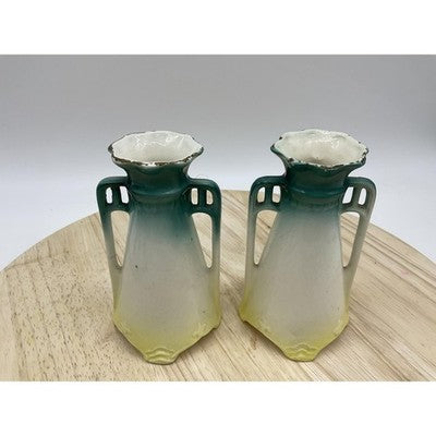 Vintage Art Nouveau Porcelain Vases Pair Handled Floral Roses Germany 8 Inch