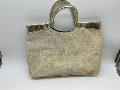 Gold Textured Tote Bag Womens Large Metallic Shoulder Handbag Purple Lining