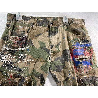 Smoke Rise Cargo Pants Mens 36/34 Camo Distressed Paint Splatter Streetwear SR91