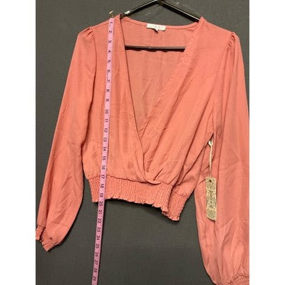 IRIS Basic Sheer Pink Blouse NWT Size M Long Sleeve Smocked Waist Flowy